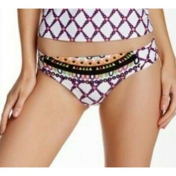 Trina Turk Other - Trina Turk White Purple Shirred Side Hipster Kon Tiki Bikini Bottom Sz 4